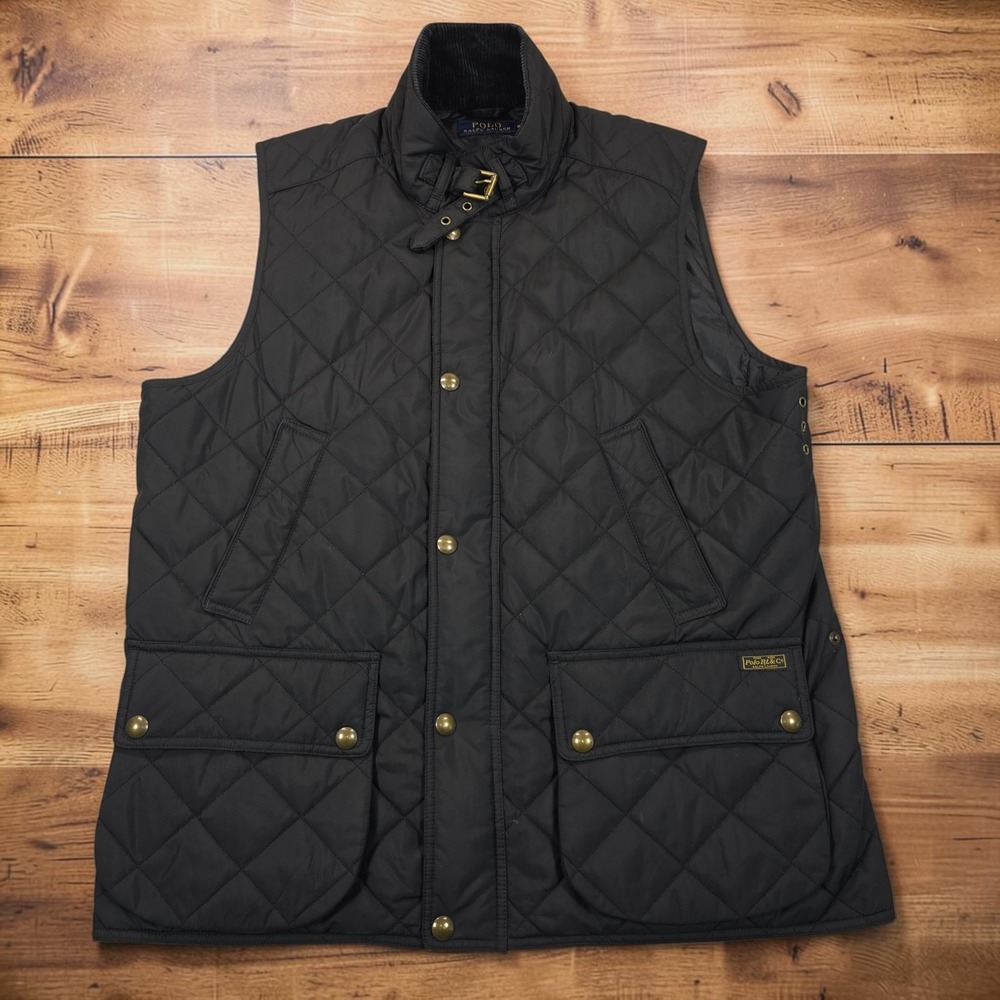 Polo Ralph Lauren Mens XL Quilted Vest Black Corduroy Collar Buckle Throat Latch